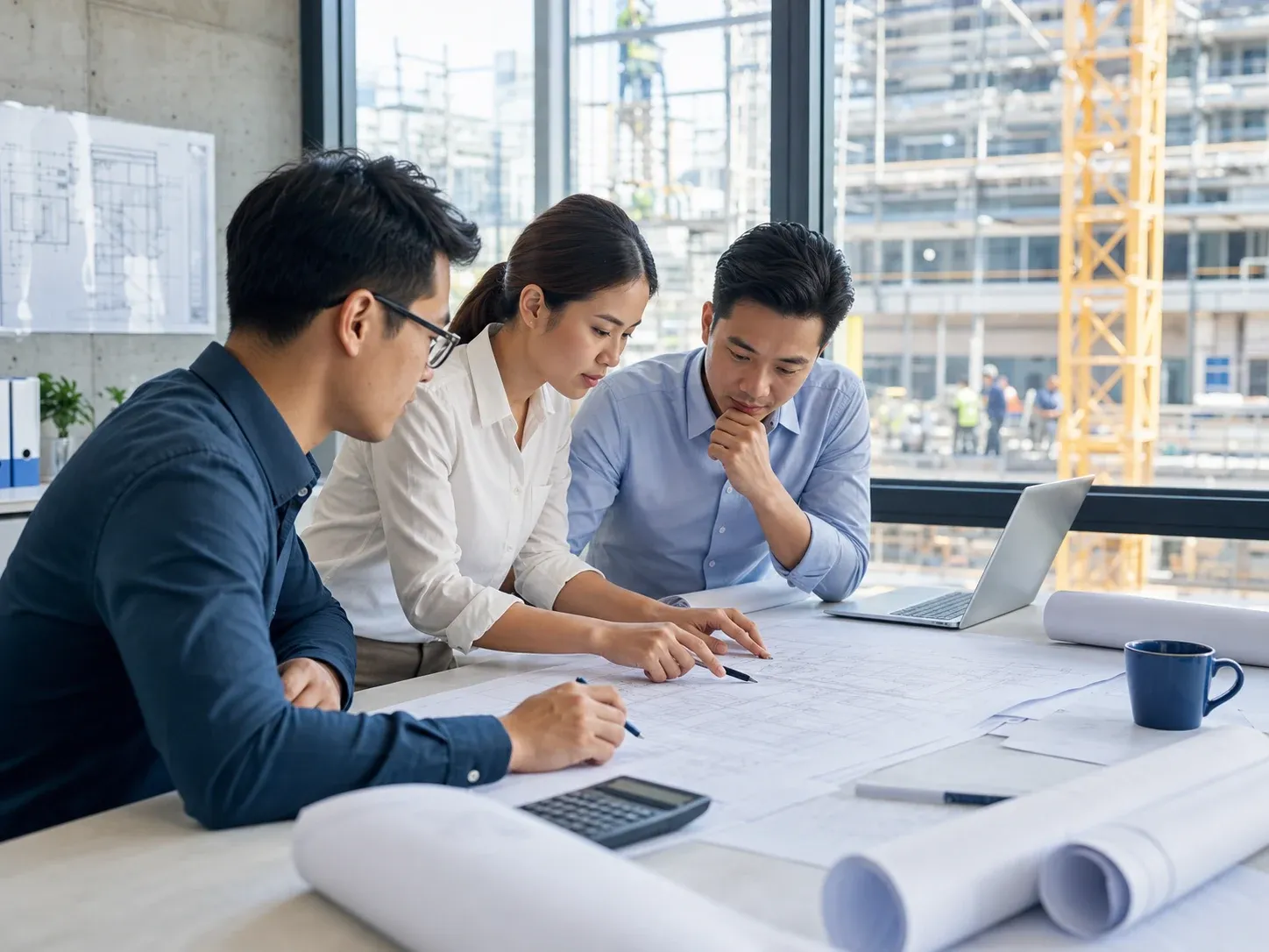 Nhóm chuyên gia tư vấn kinh tế xây dựng trao đổi trên bản vẽ dự án